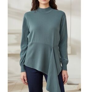 Ronny Kobo Collection Mock Neck Peplum Asymmetrical Sweater Size M Teal